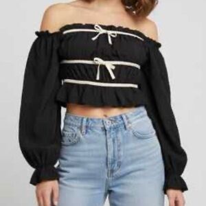 Thirty Thirty Elegant Black Blouse with White Ribbon Accents